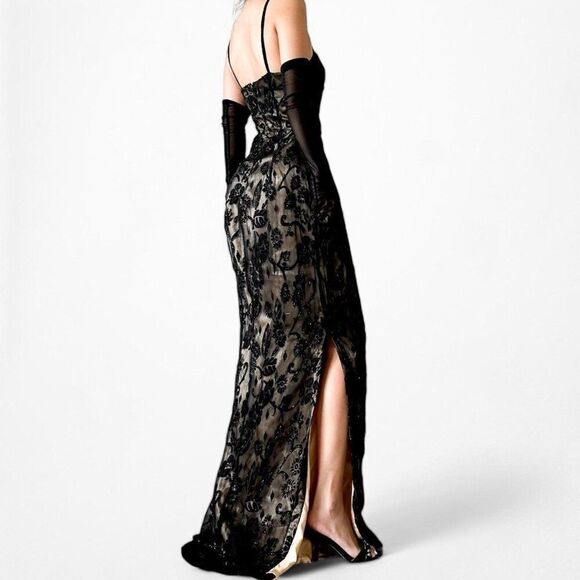 Vintage Brown Black Beaded Side Slit Bodycon Maxi Formal Prom Dress Size L - Picture 4 of 7